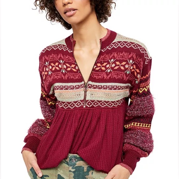 NEW Free People Cabin Fever Sweater Pomegranate Wine Size Large - Picture 2 of 8